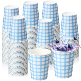 Honeydak 150 Pcs Gingham Paper Drinking Cups 9 oz Checkered Party Disposable Plaid Paper Cups Party Supplies for Wedding Birthday Fiesta Baby Shower Picnic(Blue)