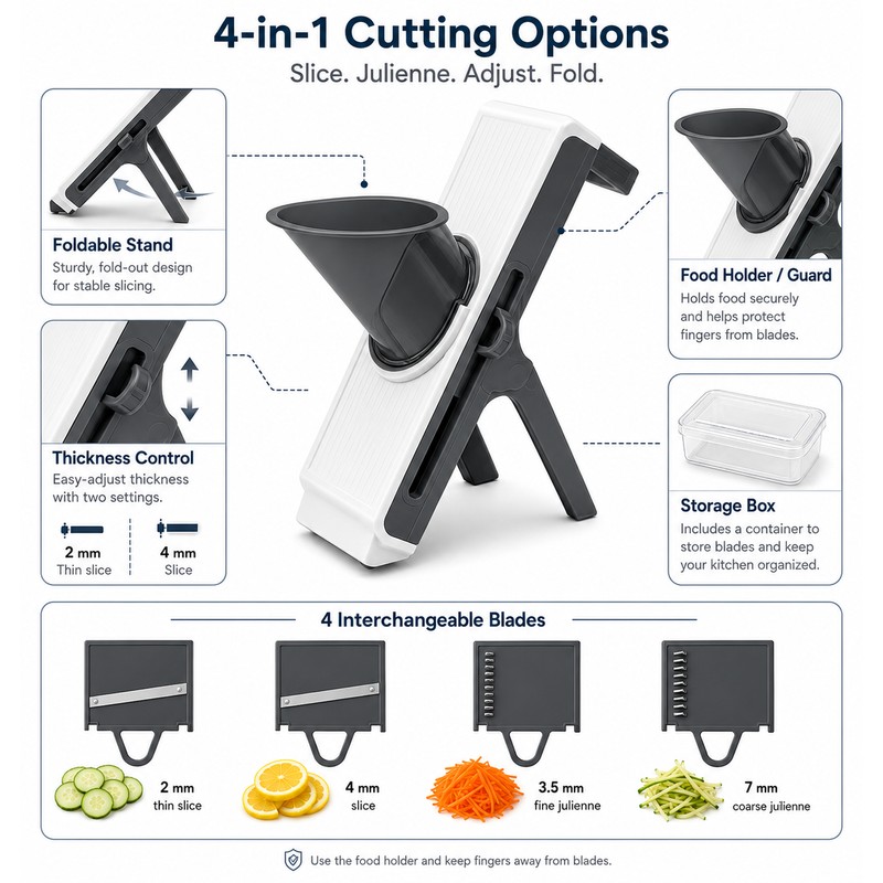 Mandoline Vegetable Slicer for Kitchen Prep – 4-in-1 Adjustable Food