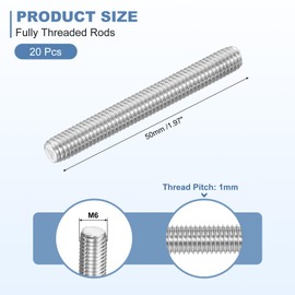 sourcing map 20Pcs M6-1.0x50mm Fully Threaded Rods, Threaded Rods Bar Studs, 304 Stainless Steel Long Thread Screws Hardware for U-Bolts, Anchors, Clamps, Hangers, Silver