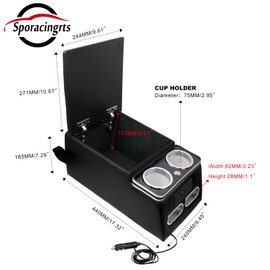 Sporacingrts Black Universal Truck Seat/Bench Organizer, Rear Bench Seat Consoles with LED Light, USB Port, Cup Holders, Armrest, and Padded Top Lid - Central Armrest Box Back Seat Storage Box