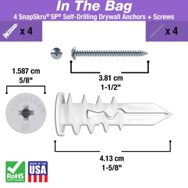 TOGGLER SnapSkru SP Self-Drilling Drywall Anchor for Hollow Wall Application, Glass-Filled Nylon, Made in US, for #6 to #10 Fastener Sizes (4 Pack w/Screws)