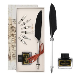 PATIKIL 21.5cm/8.5" Carved Feather Pen Set, Vintage Quill Pen with Ink Set 6 Replacement Nibs for Calligraphy Writing Office Dip Pen Wedding Gifts, Black