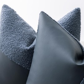 SINYASAN Boucle Throw Pillow Covers 18"x18" Set of 2, Denim Blue Decorative Textured Cushion Covers with Faux Leather Patchwork, Boho Farmhouse Accent Pillowcases for Organic Aesthetic Home Decor