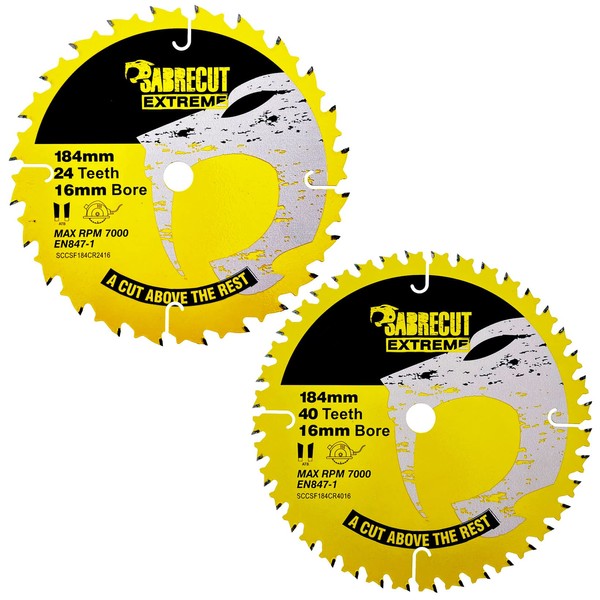 2 x SCCSFK184CR16 SabreCut 184mm 24T 40T x 16mm Bore Circular Saw Blades Compatible with Dewalt (DCS570, DCS572 & DWE560) Makita Milwaukee Ryobi and Many Others