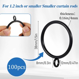 100 Pack Curtain Rings with Eyelet, 1.5 Inch Inner Diameter Metal Curtain Rod Rings Black Sliding Drapery Ring Fits Up to 1 1/4-inch Rod