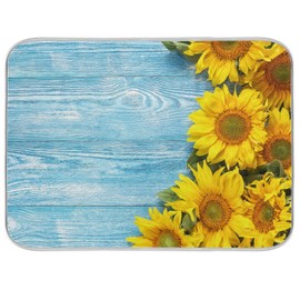 Sunflowers Teal Blue Turquoise Wood Dish Drying Mat for Kitchen Countertops Sinks Drying Mat Absorbent Heat Resistant Dishes Drainer Pad 16 x 18 Inch