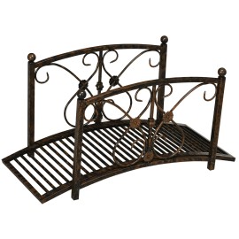 3.3FT Brown Metal Zen Garden Bridge with Decorative Arch Safety Siderails Floral Scrollwork Model D0100XFFTP2-Garden Ornamentscolor: Brown Color