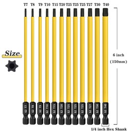 Saipor 12PCS T7-T40 Torx Screwdriver Bit Set 6 Inch / 150mm Long Star Screw Driver Drill Bits S2 Steel Magnetic Torx Head 1/4 Inch Hex Shank Security Tamper Proof Star 6 Point Torx Impact Driver Bit