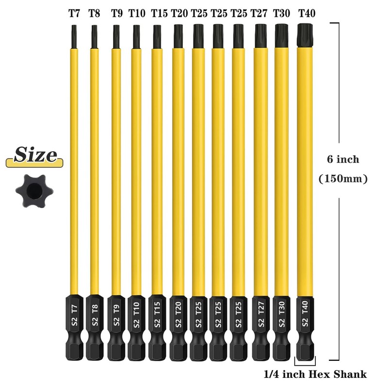 Saipor 12PCS T7-T40 Torx Screwdriver Bit Set 6 Inch /