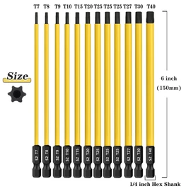 Saipor 12PCS T7-T40 Torx Screwdriver Bit Set 6 Inch / 150mm Long Star Screw Driver Drill Bits S2 Steel Magnetic Torx Head 1/4 Inch Hex Shank Security Tamper Proof Star 6 Point Torx Impact Driver Bit