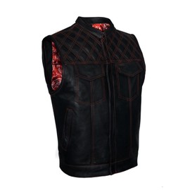 GARGOYLE BELLS Men's Leather Motorcycle Vest with Gun Pockets Biker Club Vest with Liner &Snap/Zipper For Riding (as1, numeric, numeric_44, regular, regular, Black with Red Thread+Lining)