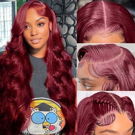 LUCLUEME 32 Inch 99j Burgundy Lace Front Wigs Human Hair 13x6 HD Burgundy Wig Human Hair 200 Density Body Wave Frontal Wig Colored Wine Red Wigs Human Hair