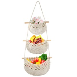 Dulynva Hanging Fruit Basket, 3-Tier Hanging Basket, Kitchen, Hand-Woven Hanging Basket Fruit, Hanging Wall Bag Organiser for Fruit, Snack and Vegetable Storage