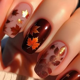 24Pcs Fall Press on Nails Medium Square Autumn Maple Leaf Fake Nails with Glitter Designs Thanksgiving False Nail Fiery Red Maple Leaves Acrylic Nail Kit Full Cover Glossy Stick on Nails for Women