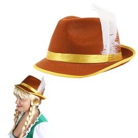 Ladies Bavarian Hat - Pack of 1 - Brown and Yellow Tyrolean Hat with Attached White Feather - Adults Oktoberfest Fancy Dress Costume Accessory