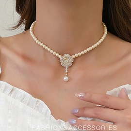 TseenYi Camellia Pearl Necklace Gold Beads Lariat Necklace White Beads Strand Necklace Black Camellia Necklace Pearl Y Shape Necklace Vintage Beads Chain Necklace, Zinc