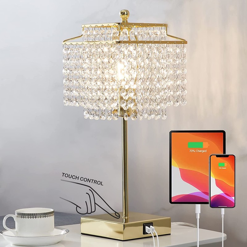 Luvkczc Set of 2 USB Bedside Crystal Table Lamp Gold,