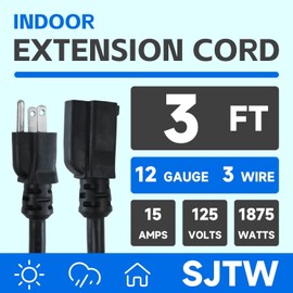 Ultra Explorer Black Indoor Extension Cord 3 Ft, 12/3 SJTW Heavy Duty Extension Cord Waterproof with 3 Prong Grounded Plug, 15 AMP Power Cord for Lawn, Garden, Appliances