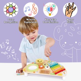 Toyster's Wooden Musical Activity Station – Montessori Sensory Music Toy with Xylophone, Cymbal & Percussion Instruments for Toddlers
