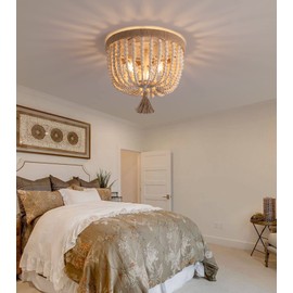 AMZASA Boho Flush Mount Ceiling Light Wooden Beaded Hepm Rope Oak Withe Farmhouse Beaded Chandelier Light Fixture 3 Lights for Nursery Bedroom Hallway Entryway