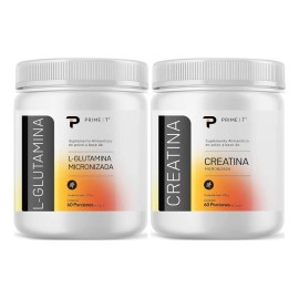 Creatina Monohidratada, Micronizada Primetech Nutrition 60 Servicios De 5 Gr y Glutamina en polvo micronizada 300 gr, 60 porciones de 5 gramos, ambas 