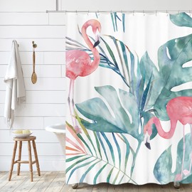 Tititex Flamingo Shower Curtain with Hooks, Tropical Exotic Leaves Graphic in Retro Style Multifunctional Waterproof Fabric Bathroom Decor Set 60 X 72 Inch