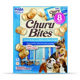 INABA Churu Bites for Dogs, Grain-Free, Soft/Chewy Baked Chicken Wrapped Churu Filled Dog Treats, 0.42 Ounces Each Tube | 8 Tubes Total