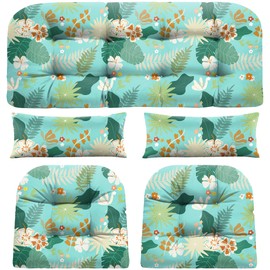 PITCTCHIC Wicker Chair Cushions of 5 Pieces, Waterproof Outdoor Loveseat Cushion for Wicker Furniture, 1 Love Seat Cushion, 2 U-Shape and 2 Lumbar Pillows for Patio Furniture (Cyan Flower)