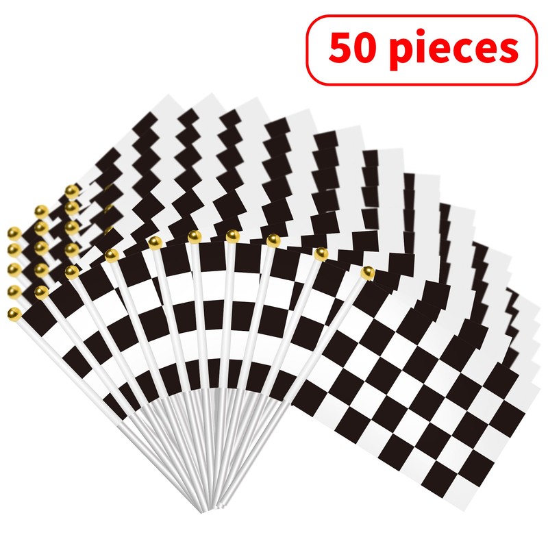 50 Packs Checkered Small Flags on Sticks Hand Waving Flag