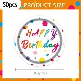 EVYIENEN 50 Pcs Happy Birthday Dots Paper Plates,7 Inch Disposable Colorful Dot Dessert Plates for Girls and Boys Birthday Party