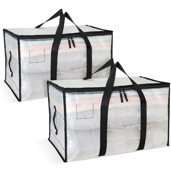 Storage Bag Large Pack of 2 92L Moving Bags Underbed Storage Box with Zips and Handle Waterproof Transparent for Moving and Clothing Storage