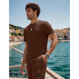 UOUA Mens Short Sets 2 Piece Summer Outfits Casual Short Sleeve Crew-Neck Shirts & Shorts Track Suit Jogging Loungewear Brown 3XL