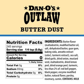 Dan-O's Outlaws Butter Dust Seasoning, 6.9 oz Bottle, Buttery All Purpose Seasoning for Chicken, Veggies, Popcorn and More, Sugar Free, Zero Calorie, This Spice Blend Adds Rich Flavor Without the Mess