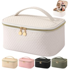 Bestash Women's Toiletry Bag, Waterproof Travel Cosmetic Bag, PU Leather Make Up Bag, Large Makeup Bag with Brush Compartment, Toiletry Bag Organiser, Portable Make Up Bag, Pearl-white, Zip closure