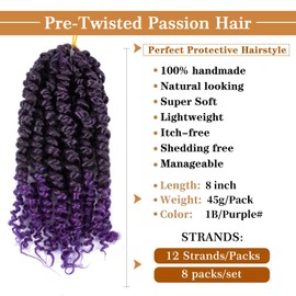 Short Passion Twist Hair Pretwisted Passion Twist Crochet Hair Deep Wave Braiding Braids Crochet Hair Passion Twist Synthetic Crochet Twist Hair Extension (8 Inches, 1B Purple#)