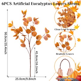 6 Pcs 36" Artificial Eucalyptus Fall Leaves, Long Fake Eucalyptus Leaves Stems Plants Fall Decorations for Indoor Home Office Party Autumn Decor