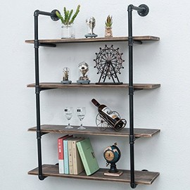 Industrial Pipe Shelves with Wood 4-Tiers,Rustic Wall Mount Shelf 36.2in,Metal Hung Bracket Bookshelf,DIY Storage Shelving Floating Shelves