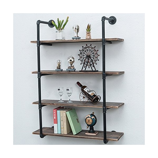 Industrial Pipe Shelves with Wood 4-Tiers,Rustic Wall Mount Shelf 36.2in,Metal