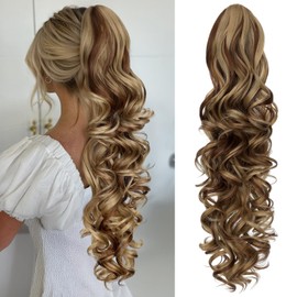 Cephermer Ponytail Extension, 24" Claw Clip in Ponytail Extensions Long Curly Wavy Ponytails Hair Extension Jaw Clip on Pony Tails Hairpiece for Women Light Brown mix Ash Blonde