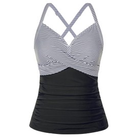 Women Tankini Bathing Suit Top - Twist Front V Neck Swim Top Ruched Tummy Control Top Only No Bottom 2025 Black White Striped L