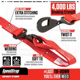 SpeedStrap 1.5" x 10' Ratchet Tie-Down with Built-in Axle Strap. Ideal for Securing UTV's, Side-by-Side (SxS), ATV's & Lightweight Vehicles - Red (2 Pack)