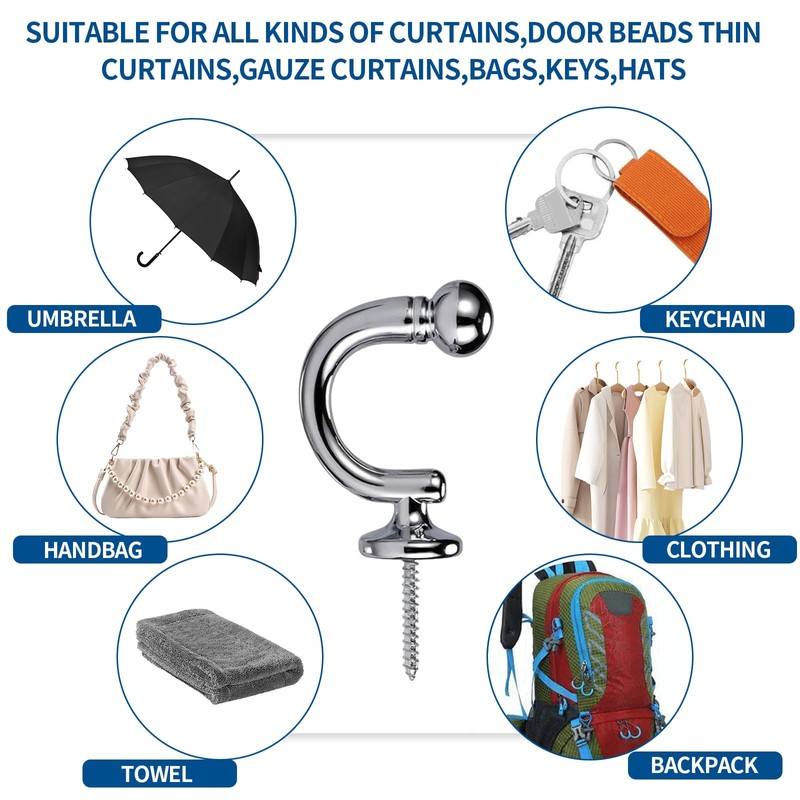 12 PCS Curtain Tie Backs Hooks, Curtain Holdbacks Silver Tie