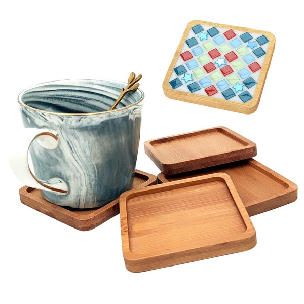 4PCS Mosaic Bamboo Coasters for Crafts, Blank Base Trays, Drinking