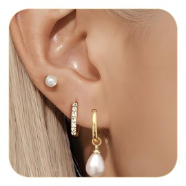 Koariya 3 Pairs 316L Stainless Steel Earrings Set - 8mm CZ Hoops, 4mm Non-Slip Pearl Studs, 10mm Twist Split Rings with 8x10mm Teardrop Pearls | Hypoallergenic earrings pearl& Convertible Body Jewelry (Gold)