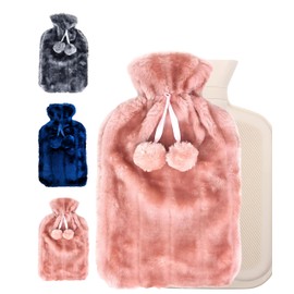 Hot Water Bottle Luxury Cosy Hot Water Bottle with Faux Fur Pom Pom Cover- 2 Litre (Peach)