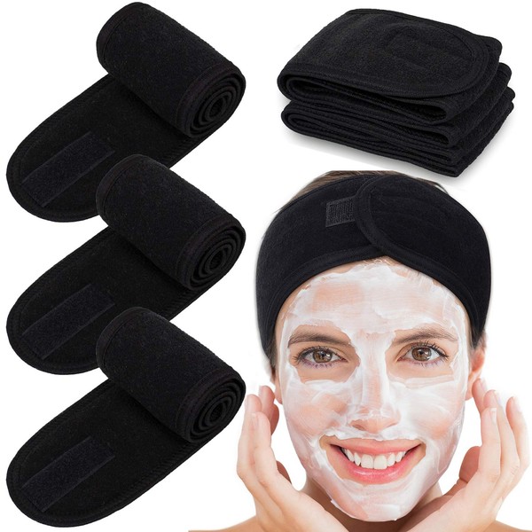 Whaline Spa Facial Headband Head Wrap Terry Cloth Headband 4 Counts Stretch Towel for Bath, Makeup and Sport (Black)