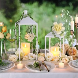 MATAHUM 2 linternas vintage de granja con LED parpadeantes sin llama, linternas de metal blanco para bodas, chimeneas o centros de mesa, linterna decorativa para colgar al aire libre