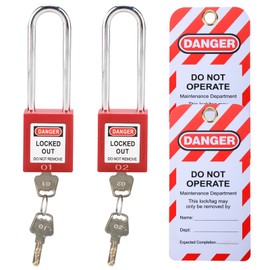 RealPlus Lockout Tagout Locks Set - 2 Red Lockout Locks Keyed Different with 2 Lock Out Tag Out Tags, Safety Padlocks Loto Locks with Longer Shackle, 2 Keys Per Lock