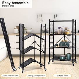 YSSOA 4-Tier Heavy Duty Foldable Metal Rack Storage Shelving Unit with Wheels Moving Easily Organizer Shelves Great for Garage Kitchen, Black