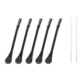 4-In-1 Reusable Stainless Steel Straw Spoon & Filter, 5 Pcs With 2 Cleaning Brushes, Food-Grade 304, Reusable Stirrer for Home, Bar, Cafe (Black, 6.2 Inch)